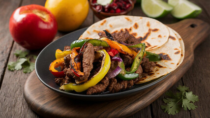 Tex-Mex Fajitas: Sizzling marinated beef or chicken with grilled peppers and onions, served with tortillas