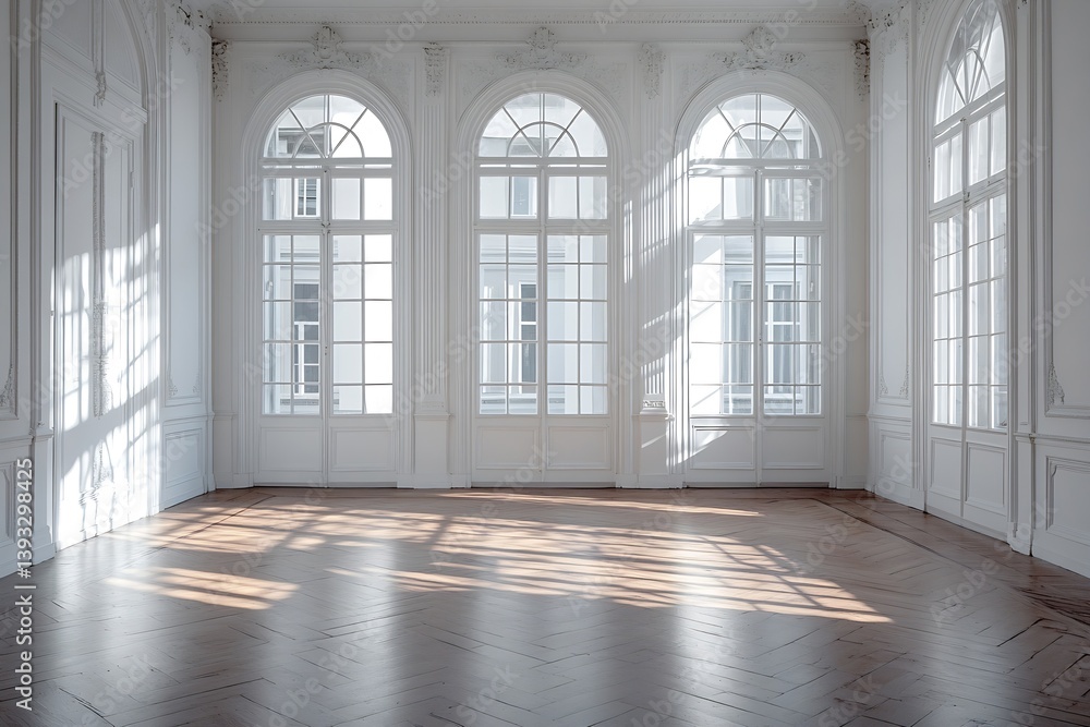 Poster elegant empty room with white walls and large windows classic architecture sunny hardwood floor inte