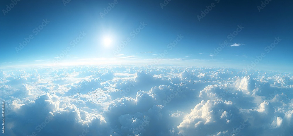 Poster serene celestial view featuring soft cumulus clouds against a gradient sky illuminated by sunlight :