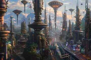 A detailed alien city featuring complex infrastructure, multi-story highways, buses, a lively amusement park, and imaginative inhabitants of a distant futuristic world.