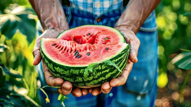 Farmer holding a ripe watermelon in the field