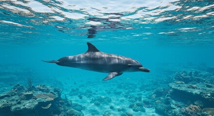 Fototapeta premium Dolphin Grace: Underwater Serenity - A dolphin swims gracefully through a vibrant coral reef, symbolizing freedom, peace, marine life, ocean beauty, and aquatic wonder