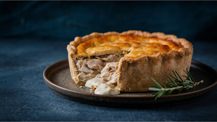 Chicken and Creamy Meat Pie: A golden-brown pie with creamy filling spilling out, resting on a rustic plate with fresh herbs, set against a deep blue backdrop.