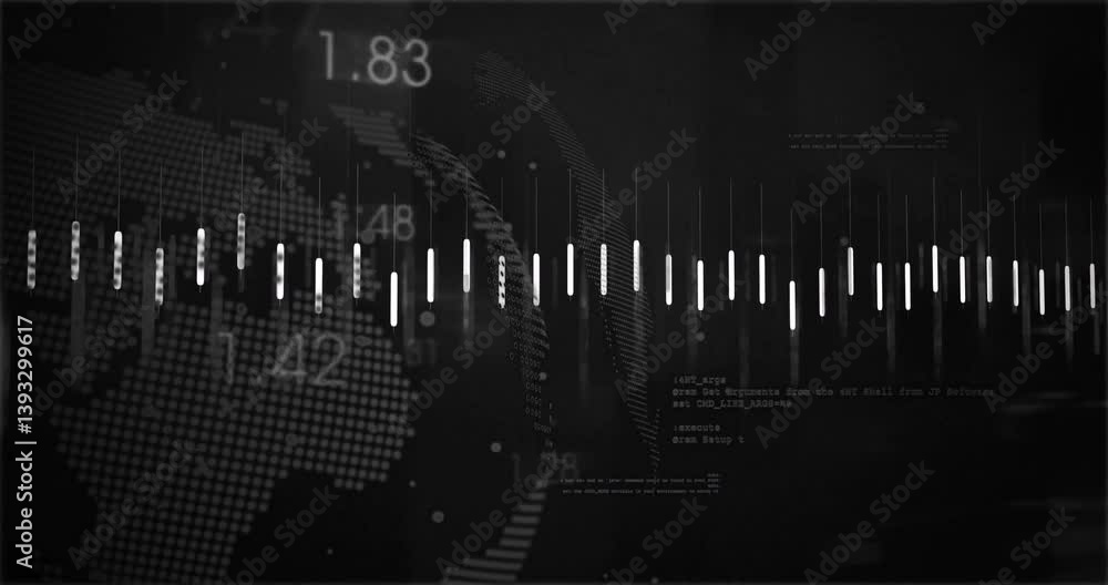 Poster digital world map with binary code and data processing animation