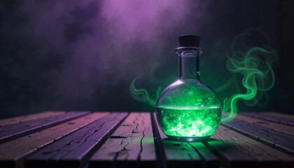Glowing potion bottle on wooden table, Halloween magic