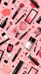 Seamless cosmetic pattern with lipstick, blush, brushes, nail polish, powder, and beauty accessories on a pink background. Fashionable feminine design for textiles, packaging, and wallpapers.