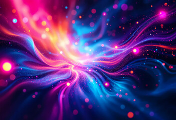 Obraz premium Abstract Cosmic Energy Wave with Bokeh Lights and Particles in Pink, Blue, and Yellow.