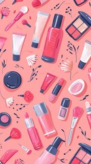 Seamless cosmetic pattern with lipstick, blush, brushes, nail polish, powder, and beauty accessories on a pink background. Fashionable feminine design for textiles, packaging, and wallpapers.
