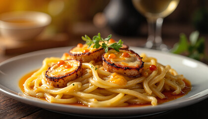 Gourmet pasta dish with grilled zucchini on elegant table, culinary delight