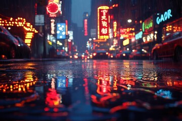 Fototapeta na wymiar Rainy night city street reflections