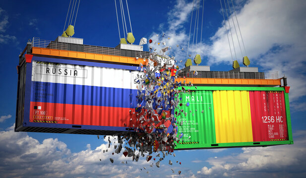 Cargo containers with flags of Russia and Mali - 3D illustration