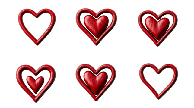 Red 3D hearts on black background, Valentines illustration, cut out transparent