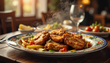 Steaming pork tenderloin medallions in cozy dining room, culinary warmth