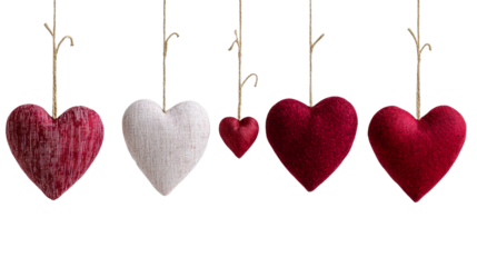 Variety of hanging hearts isolated on a transparent background, cut out transparent