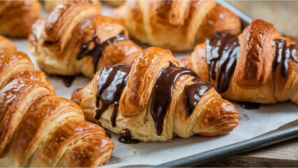 Freshly Baked Croissants: Golden-brown, flaky croissants, some topped with glossy chocolate glaze, resting on a wooden tray with a rustic, textured backdrop.