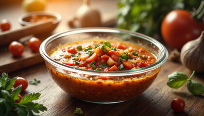 Mixing minestrone soup in glass bowl, modern kitchen ambiance