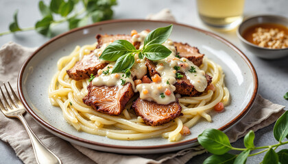 Tender veal in creamy sauce with pasta, elegant dining experience