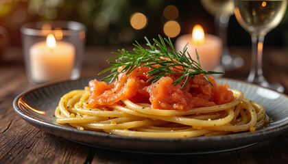 Elegant spaghetti dinner with fresh tomato sauce in candlelight, romance