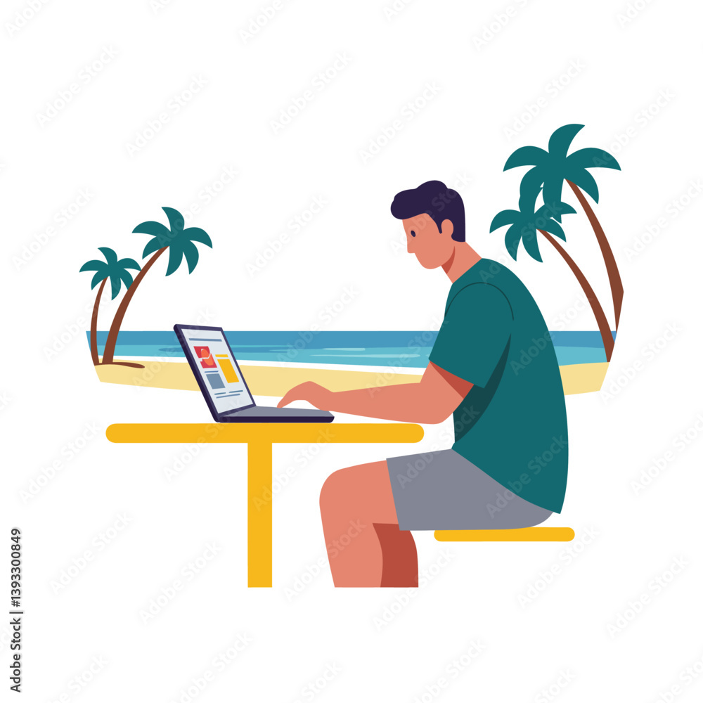 Aufkleber man working on laptop at beach with palm trees in flat vector art