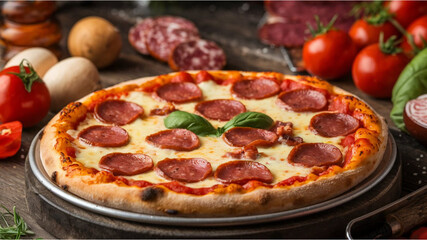 Meat Lovers Pizza: Cheesy meat lovers pizza with pepperoni, sausage, and bacon on a rustic wooden table, creating a pizzeria vibe with its sizzling, meaty aroma