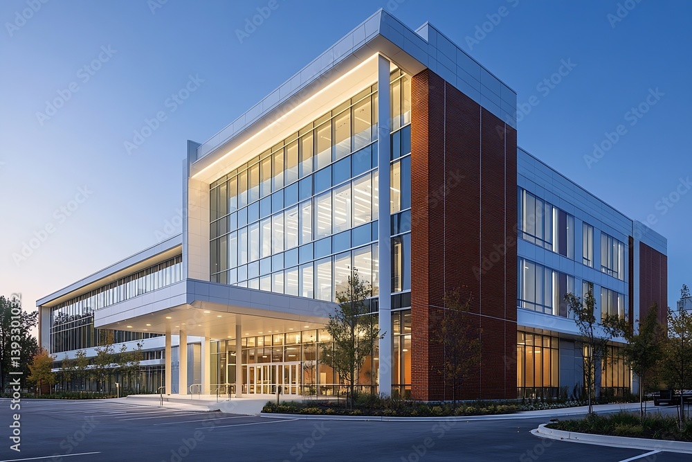 Poster modern corporate architecture office building exterior with glass facade at dusk for business and de