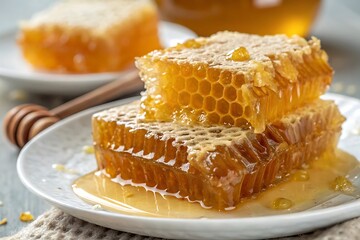 Honeycomb on plate golden honey