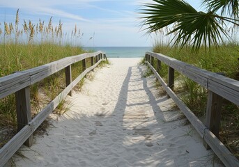 Obraz premium A tranquil wooden walkway leads towards the ocean with palm trees and sea oats in sight.