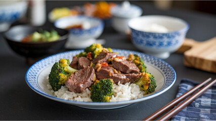 Beef and Broccoli: Savory Asian beef and broccoli with rice, plated on a modern Asian-themed dining table