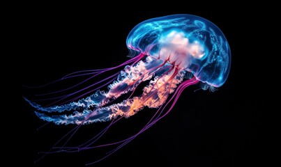 Vibrant jellyfish swimming gracefully in dark ocean waters, their neon blue and pink bioluminescent glow casting an ethereal underwater glow, .
