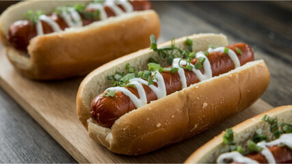 Colombian Hot Dogs: Delicious Colombian-style hot dogs topped with creamy sauces, pineapple, and crushed potato chips, served on a soft bun, with a blurred background.
