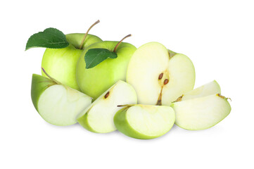 Fresh juicy green apples isolated on white. Whole and sliced