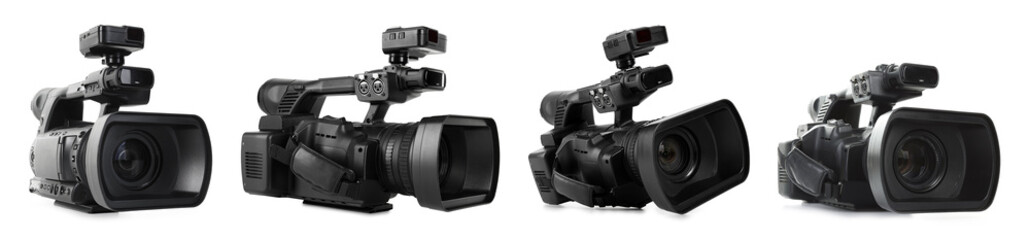 Video camera isolated on white, set. View from different sides
