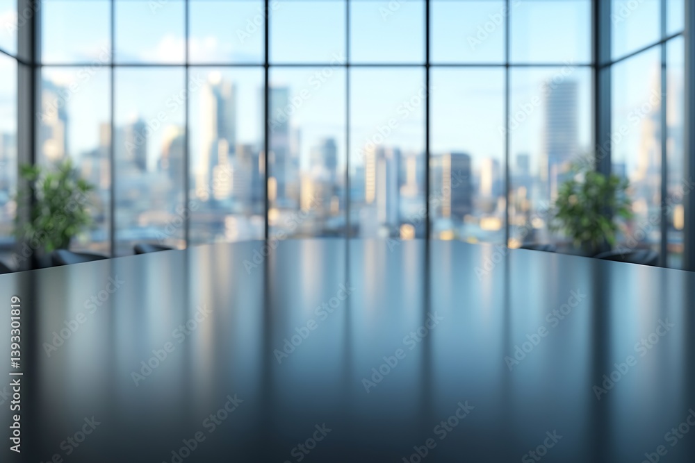 Poster Modern Office Conference Room with City View Empty Table Business Meeting Space Corporate Architecture Downtown Skyline : Generative AI