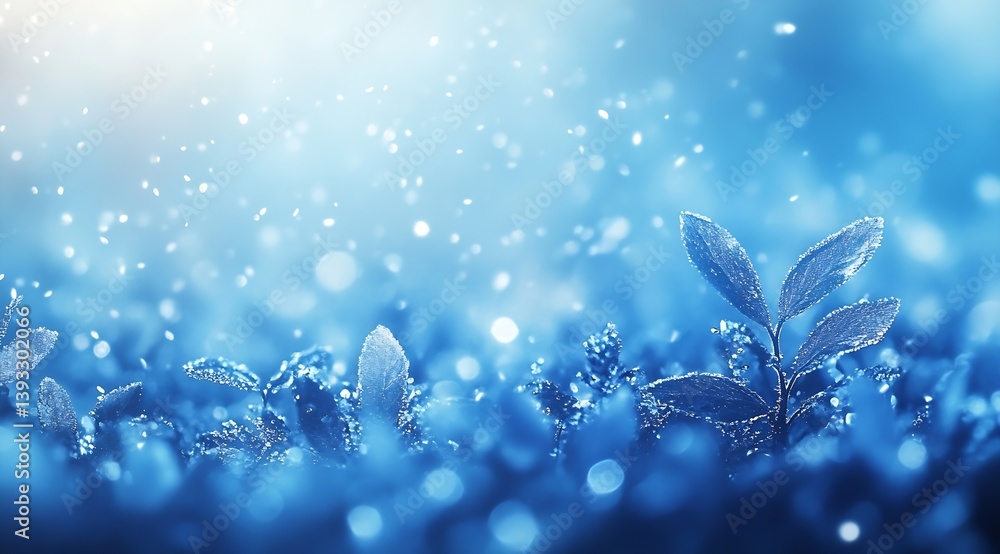 Poster magical winter landscape frost covered leaves with bokeh light snowfall effect serene blue tones : g