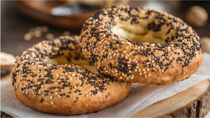 Sesame Seed Pastries: Two golden-brown round pastries, generously sprinkled with sesame seeds and grains, placed on a wooden surface, evoking a rustic bakery vibe.