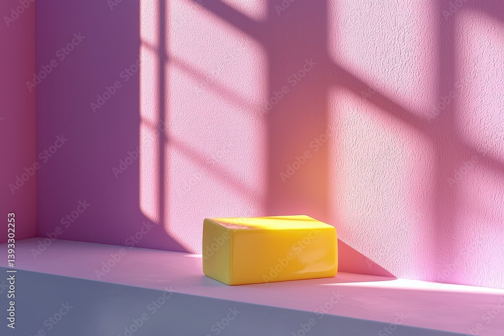 Wall mural bright yellow object in a sunlit corner with soft shadows