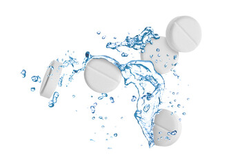 Many pills and splashes of water in air on white background