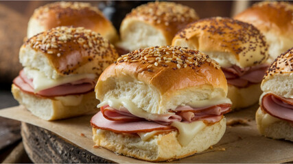 Ham and Cheese Sliders: Soft seeded buns filled with ham and melted cheese, placed on a wooden...