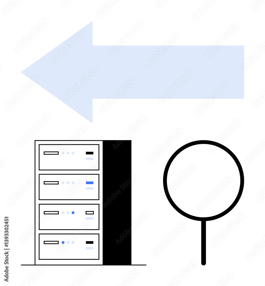 Poster server stack with control panels, magnifying glass, and leftward arrow symbolizing data search, tran