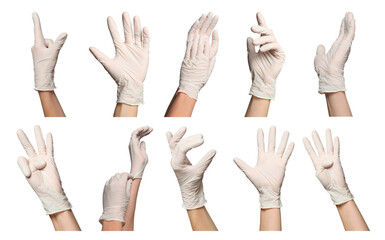 People wearing medical gloves isolated on white, set