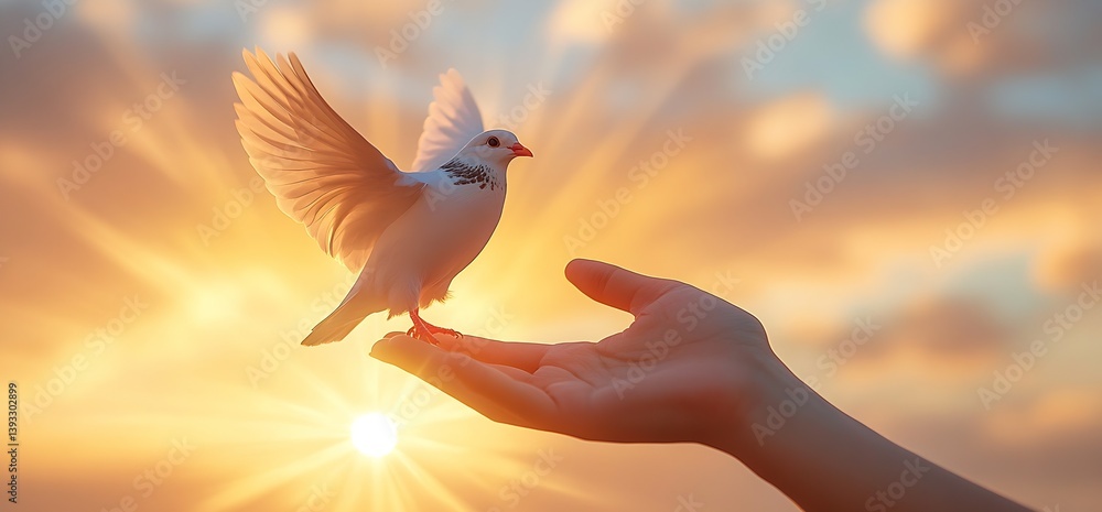 Poster elegant dove displayed on an open hand with wings raised against a vibrant sunset : generative ai