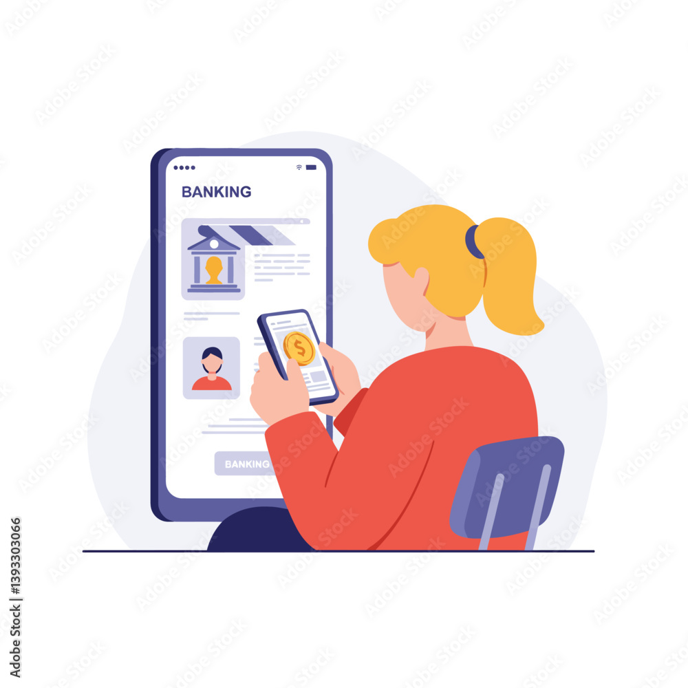Aufkleber person using mobile banking application in minimal flat vector art