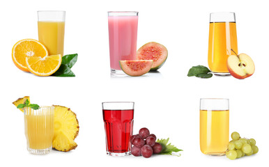 Set of different juices in glasses isolated on white