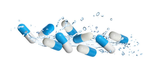 Many pills and splashes of water in air on white background