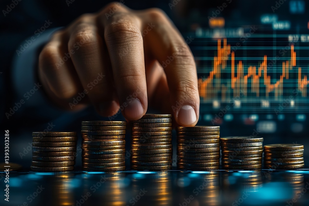 Aufkleber stacks of golden coins representing financial growth and investment success against a stock market c