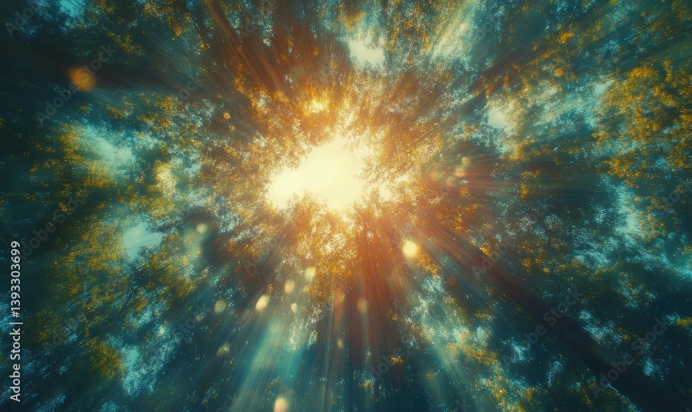 Poster sun beams with bright defocused lights bokeh in a blurred spring forest, natural real springtime or 