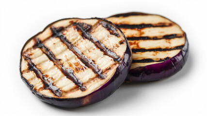 Grilled Eggplant ? Two slices of charred, deep purple eggplant with grill marks, showcasing a perfectly roasted texture against a clean white background.