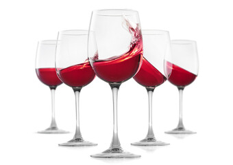 Red wine splashing in glasses on white background, set