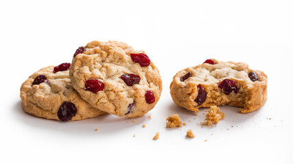Fruit Cookies ? Three golden-brown, oval-shaped cookies with dried fruit chunks, one partially bitten to reveal a crumbly texture, placed on a white surface with scattered crumbs.