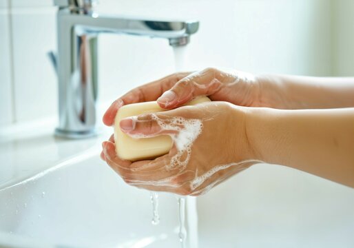 Close-up of a person washing hands with soap under running water